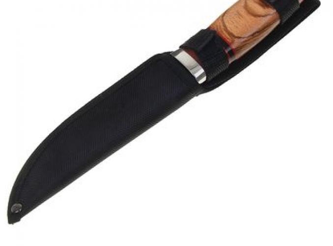 Нож разделочный,рукоять дерево,полосатая вставка между черных колец, д.л.14,5 см, д.р. 13 см