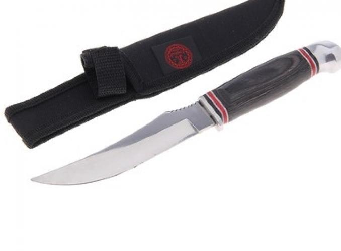 Нож в ножнах нескладной сувенирный: рукоять черное дерево, красные полосы