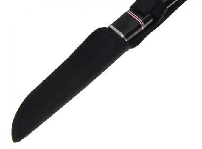 Нож разделочный, деревянная рукоять черная с красно-белыми полосами, д.л. 13,7 см, д.р. 12 см 1277