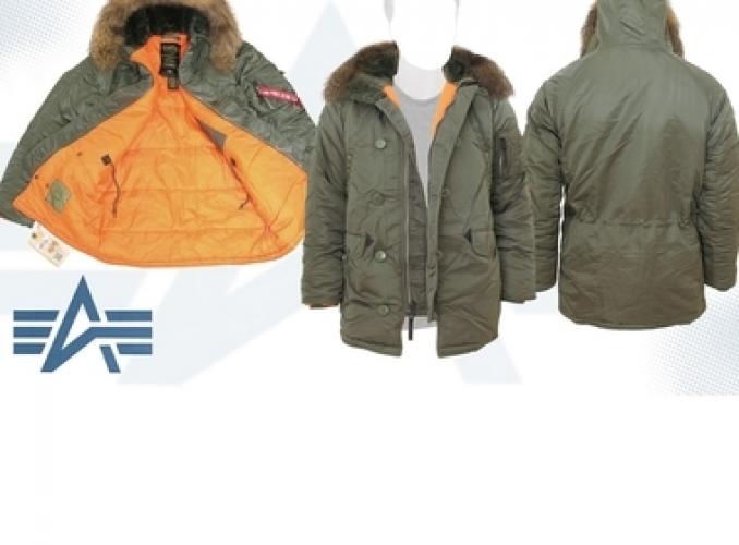 Куртка утеплённая Slim Fit N-3B Parka Alpha Industries Sage/Orange, натуральный мех, S