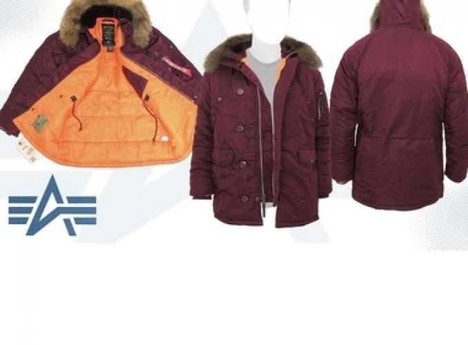 Куртка утеплённая Slim Fit N-3B Parka Alpha Industries Maroon/Orange, натуральный мех, L